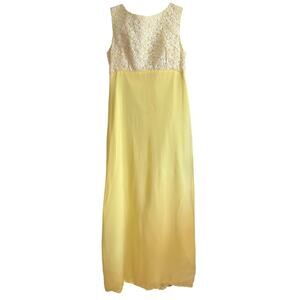 1960s Vintage Yellow and white Silk Chiffon and lace  Bow train column dress 6-8